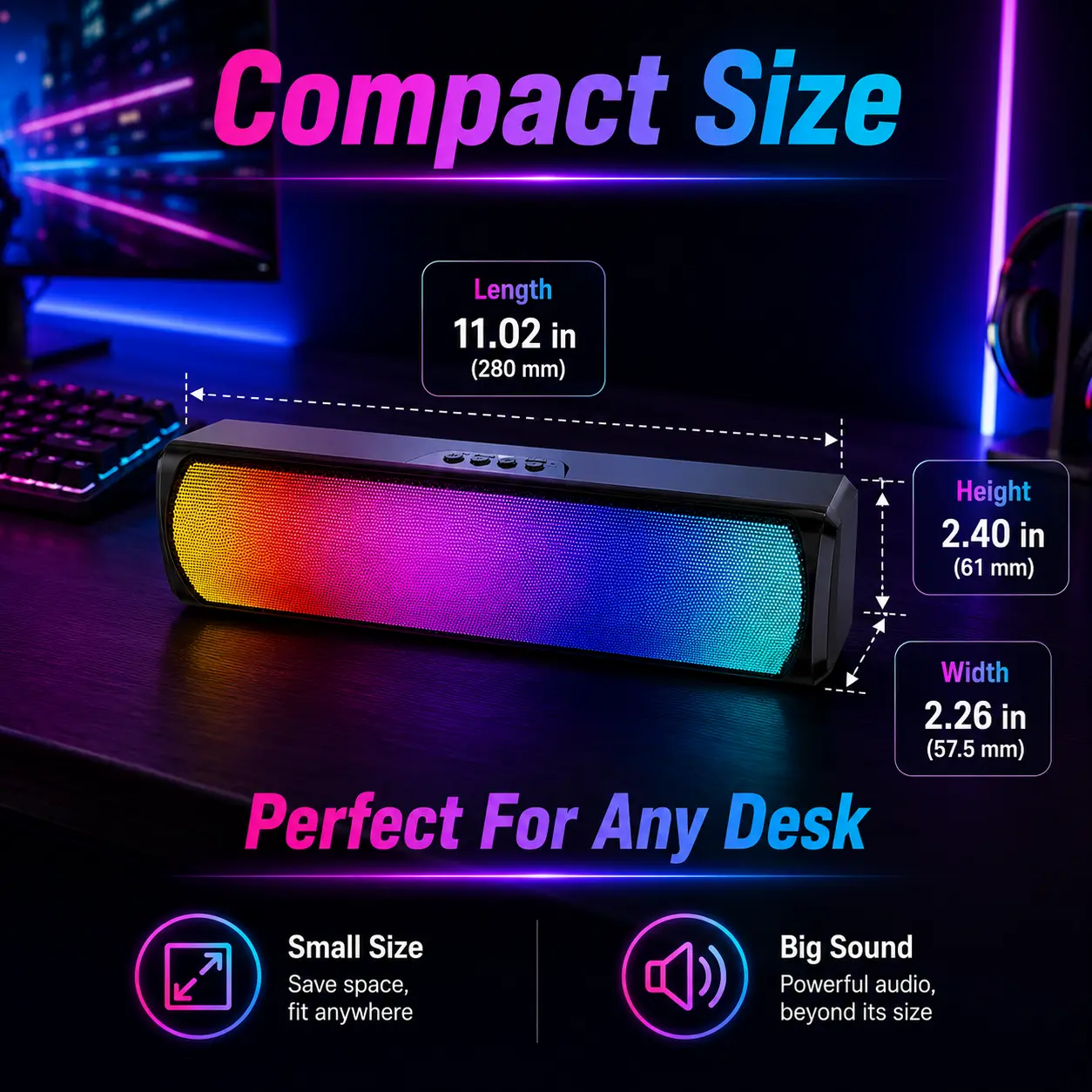 RGB Bluetooth Speaker with Dynamic LED Lights, Portable Wireless Stereo Soundbar, Deep Bass Music Speaker for Gaming, PC, Laptop, TV, Bedroom