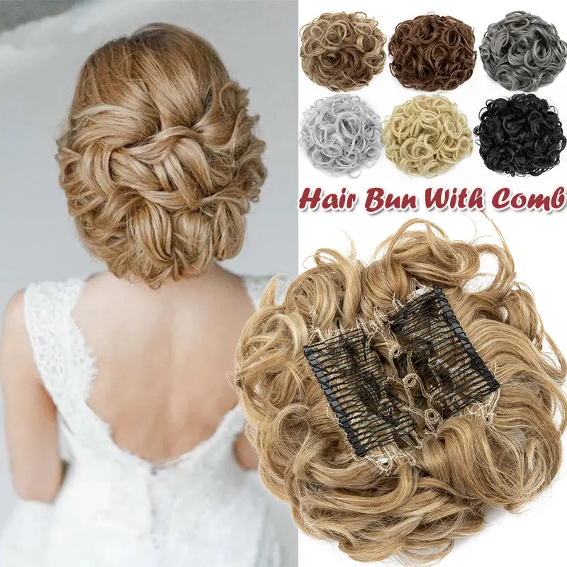 Women's Short Messy Curly Dish Hair Bun - Easy Stretch Comb Clip-In, X-Thick Large Scrunchie Chignon, Clip Hair Extensions, DIY Extensions, Dressy, All Seasons, Watch Party Synthetic Hairpiece Gray, Combs