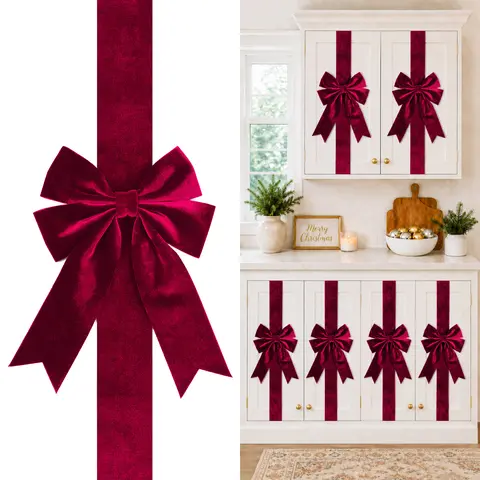Senjie 4PCS Velvet Christmas Cabinet Bows, Large Burgundy Cabinet Door Ribbons for Kitchen Cabinets, Holiday Home Decor