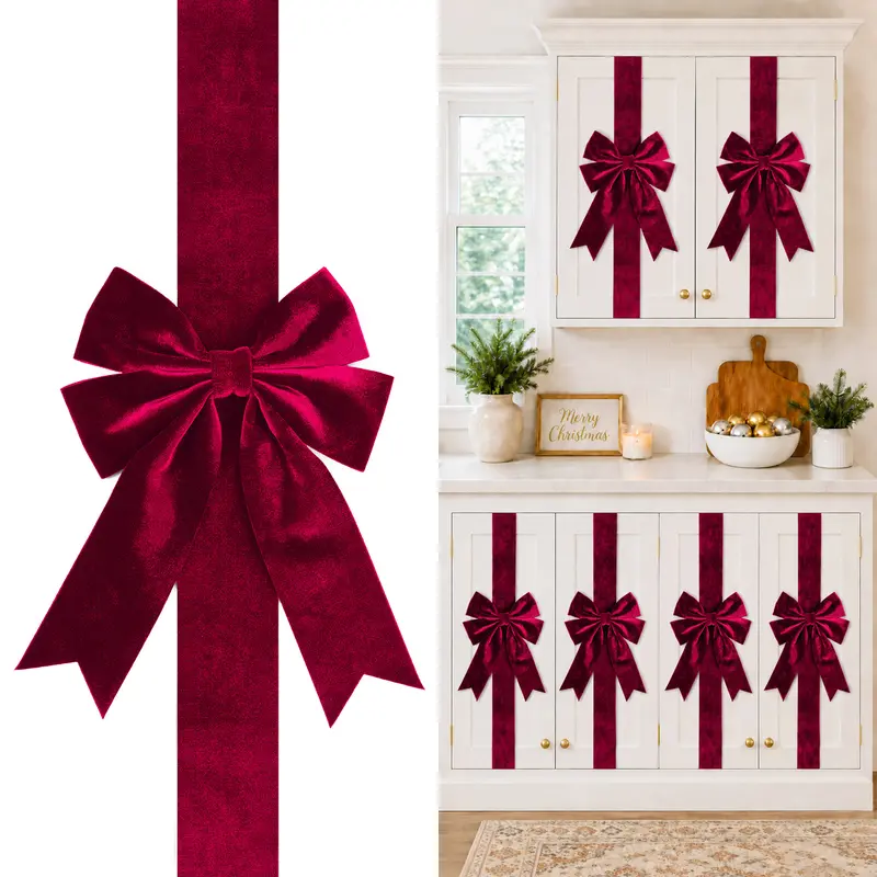 Senjie 4PCS Velvet Christmas Cabinet Bows, Large Burgundy Cabinet Door Ribbons for Kitchen Cabinets, Holiday Home Decor