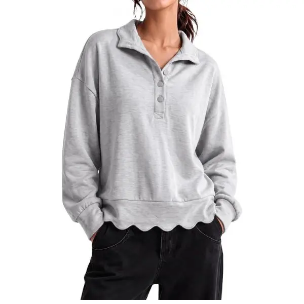 Fisoew Women's Chic Cropped Fit Ribbed Soft Comfortable Fabric Drop Shoulder Loose Long Sleeve Polo Sweatshirt - Button Front Henley Collar, Placket, Scallop Hem, Casual Athletic Fall Pullover Top