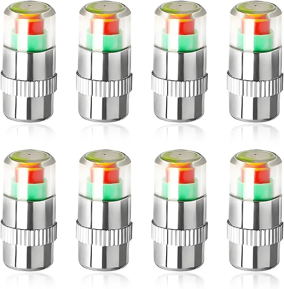 8PCS Stainless Steel Chrome Tyre Caps Set - Hand Tighten, 36PSI/2.4Bar 3-Color Visual Alert Sensor Indicator, Sensitive Pressure-Sensing Function, Real-Time Awareness, Universal for Car/Truck, Improves Safety & Extends Tire Life, Tire Valve Caps, Truck Ac