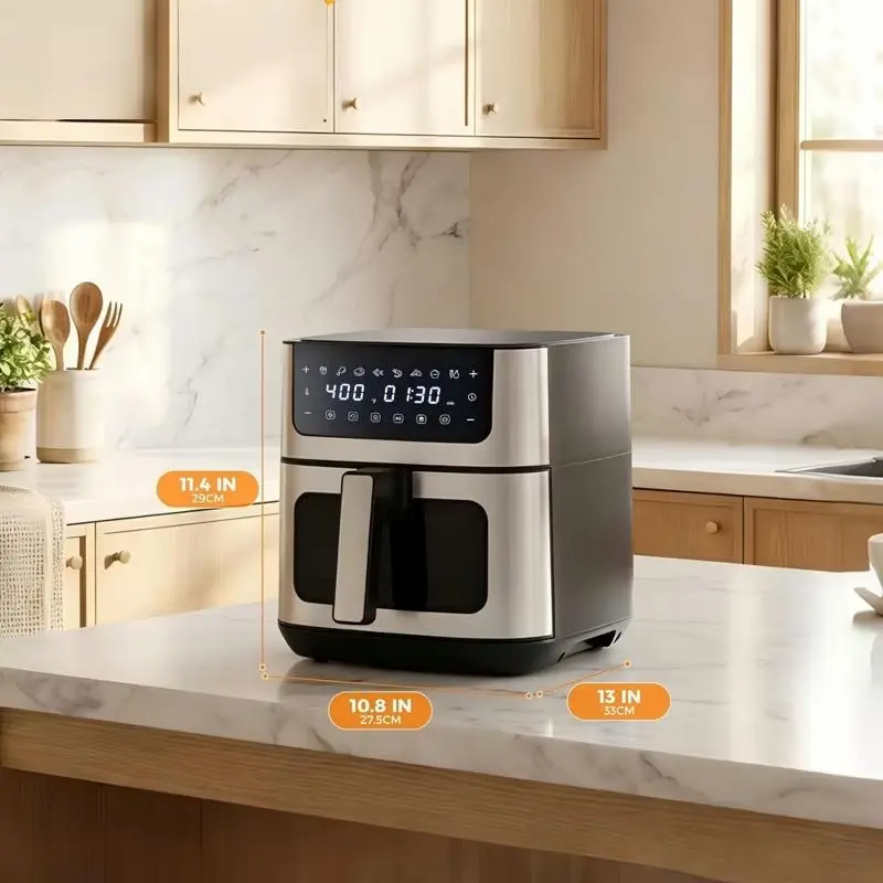 6.34L Large Capacity Oil-Free Air Fryer with Clear View Window, 8 One-Touch Preset Cooking Modes, 90-Minute Timer and Temperature Control, Stainless Steel Non-Stick Air Fryer for Healthy Fried Food, Perfect for Family Meals, Kitchen and Dorm Use