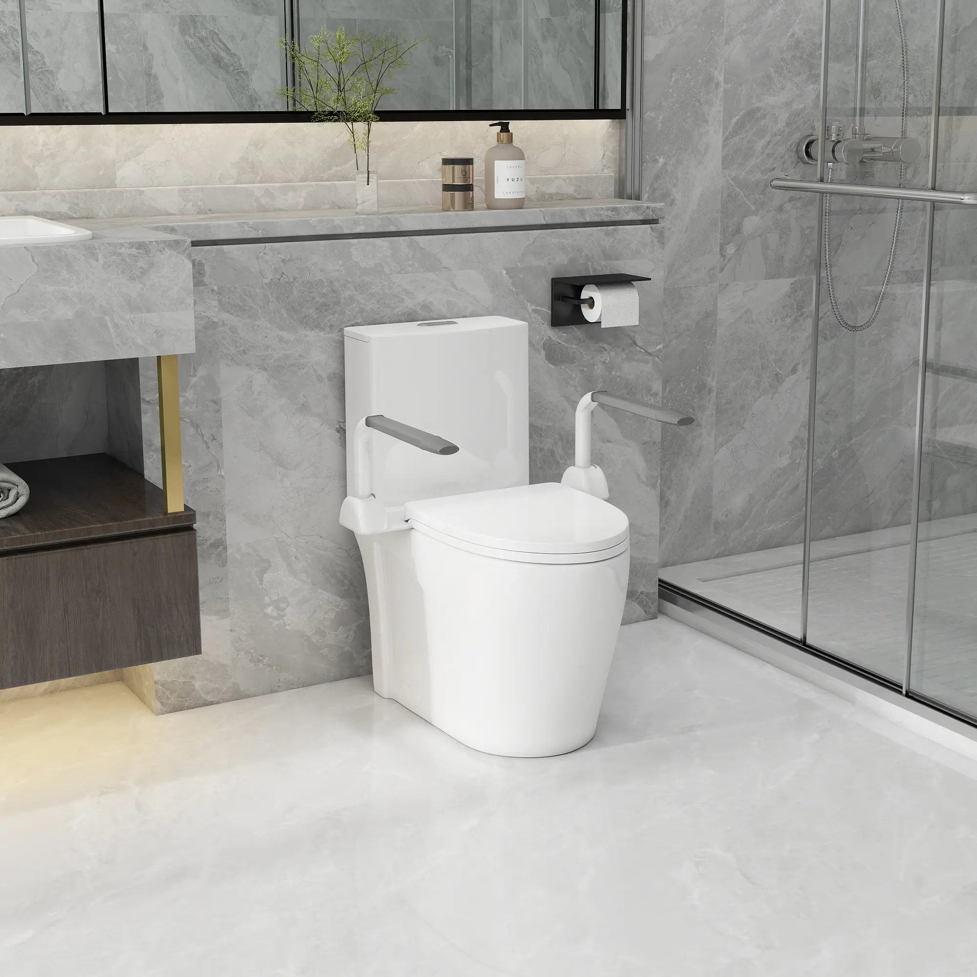 Upgraded All-in-1 Extended-Height Compact Bathroom Toilet, ADA-Compliant Comfortable Height, Safety Grab Bars, Dual-Vortex Flushing System, 1.1/1.6 GPF, Glossy White Ceramic Bowl