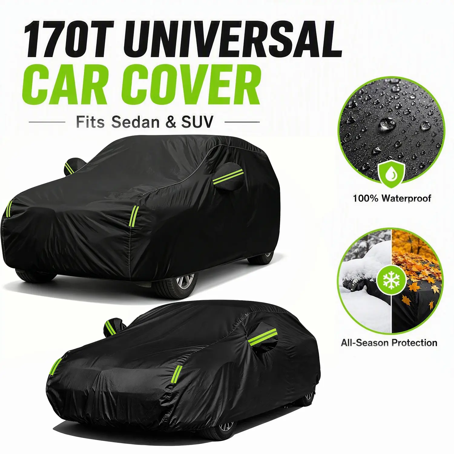 Black Full Car Cover for Sedan All Weather Protection Waterproof UV Dust Proof Scratch Resistant Lightweight with Storage Bag Outdoor,Universal Fit for Sedans and SUVs