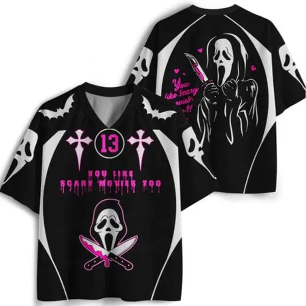 Horror Inspired Football Jersey, Scary Halloween Graphic Jersey Shirt, Black Pink Gothic Sports Jersey, Spooky Movie Fan Gift