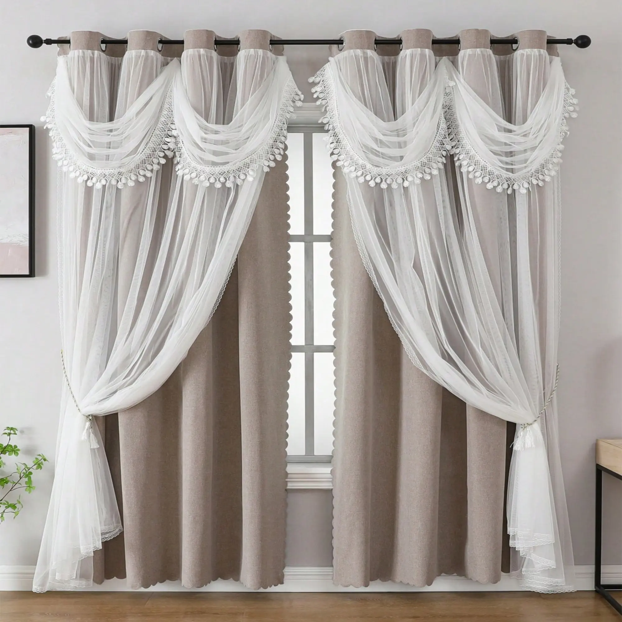 1pc French Luxury Double Layer Ruffled Sheer Curtain, 100% Blackout Bedroom Drapes, Blackout Window Cover, Princess Style for Kids Room Decor, Interior Decoration Accessories, Home Decoration Curtain, Home Decorative Curtain, Blackout Curtains