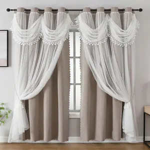 1pc French Luxury Double Layer Ruffled Sheer Curtain, 100% Blackout Bedroom Drapes, Princess Style for Kids Room Decor, Interior Decoration Accessories, Home Decoration Curtain