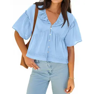 Cicy Bell Womens Cropped Babydoll Tops Summer Eyelet V Neck Short Sleeve Cute Blouses Ruffle Shirts