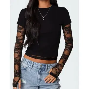 Womens Lace Top Layered lace tshirt Crop Top casual shirt y2k