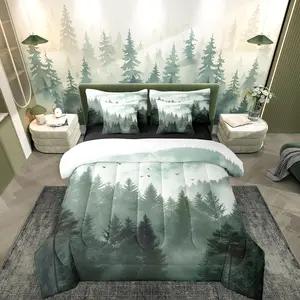 Feelyou 7-Piece Green Microfiber Bedding Set - Forest Mountain Comforter Set with Sheets, Woodland Misty Tree Bed-in-a-Bag, Nature Landscape Pillow Cases