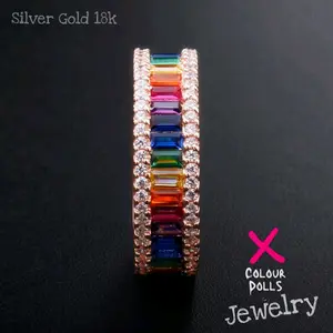 Rainbow Emerald Cut Zircon Eternity Sterling Ring  Gold Plated  18K Anniversary Birthday Female