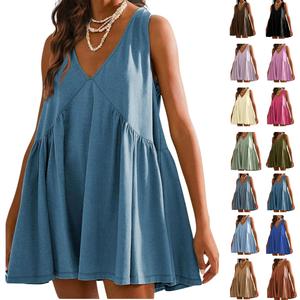 Yeokou Women's Minimalist Casual Wear A-Line Sleeveless V-Neck Mini Dress - Basic Boho Style Women's Clothes, Pleated Swing Flowy Beach Sundress with Pockets,summerwins,summeroutfits,vacationoutfits,beachoutfits