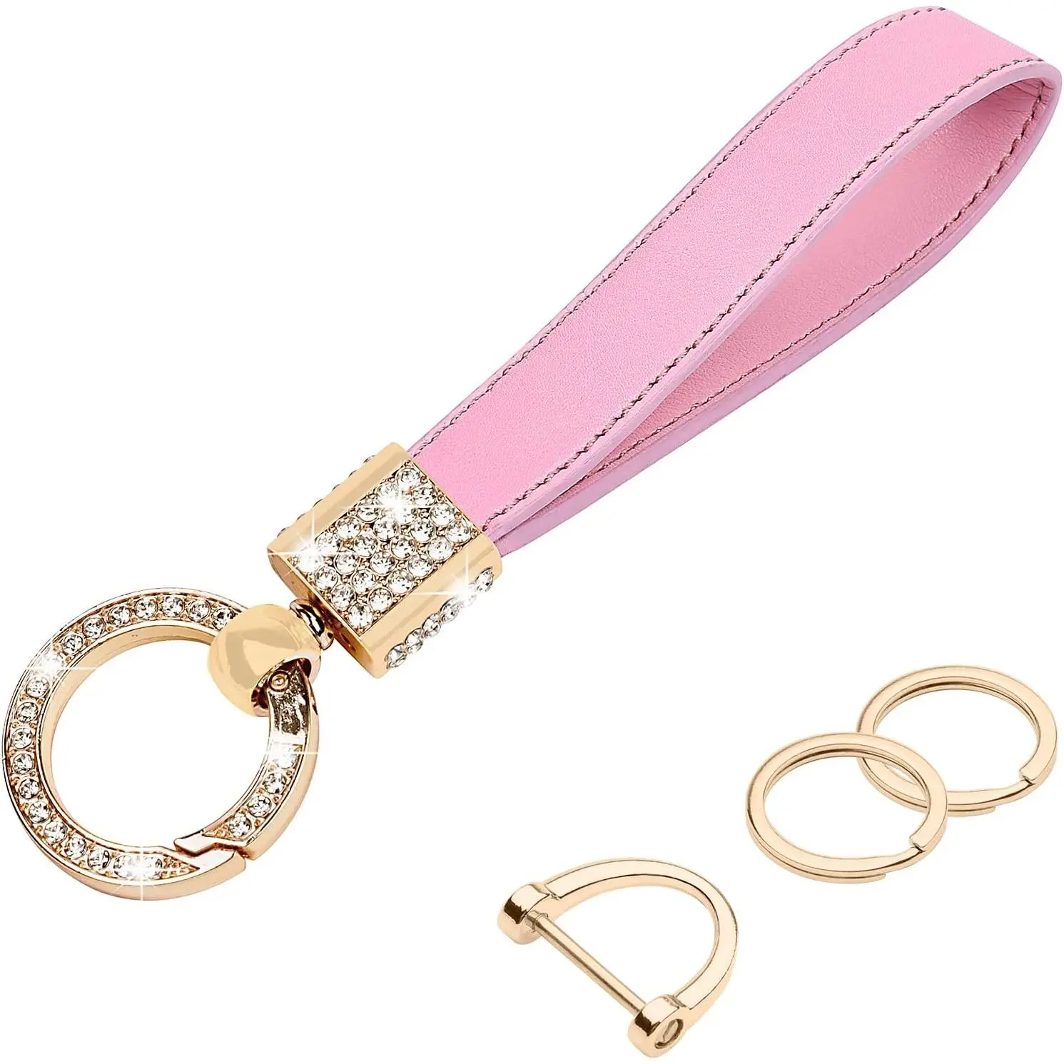 Geunine Leather Car Keychain, Universal Bling Key FOB Keychain Holder Leather Key Chains Women for Car Keys with Anti-lost D Ring, 2 Key Rings, 360 Degree Rotatable - Pink