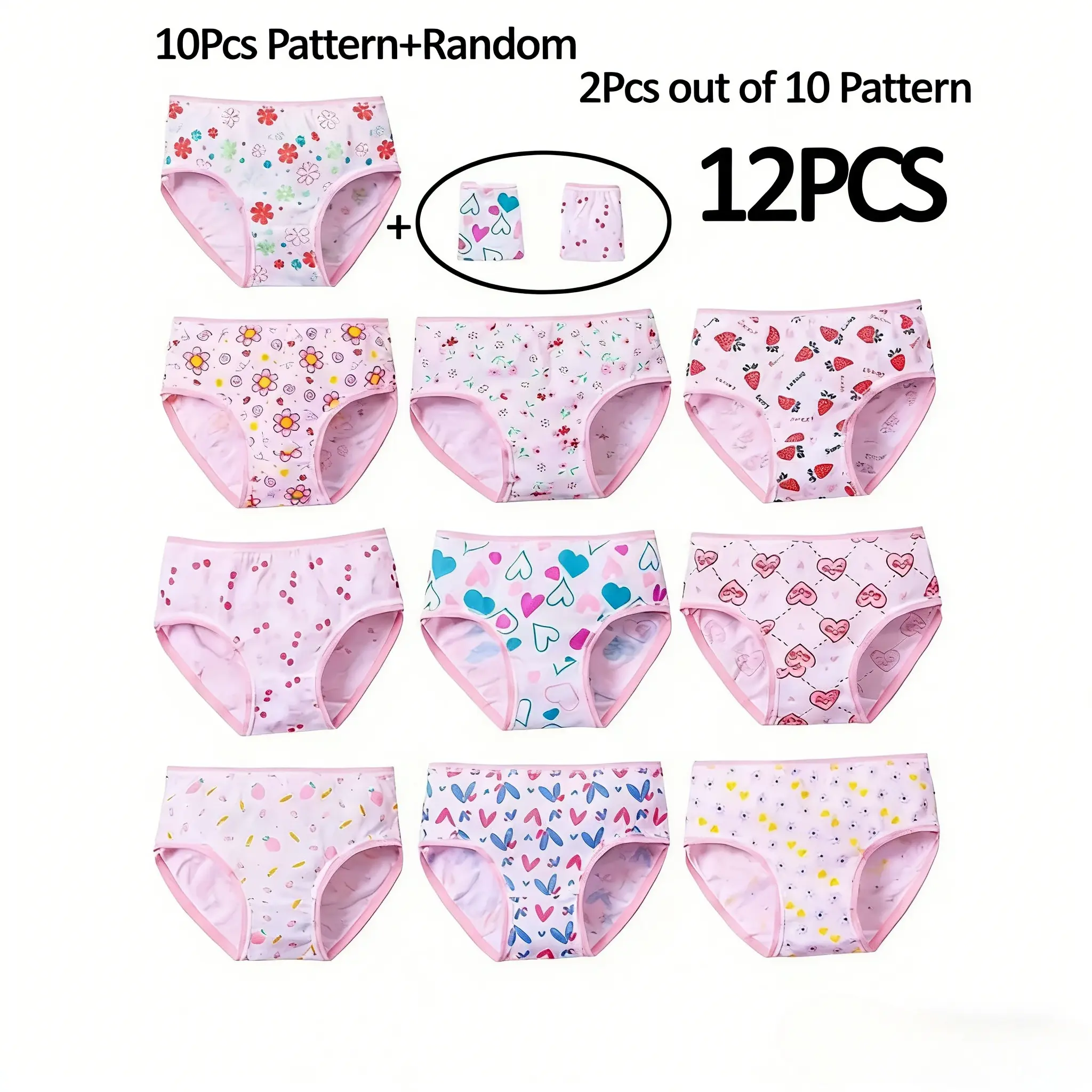 Girls' Pure Cotton Blend Mid-Rise Knit Panties - 12pcs Romance-Themed Random Printed All-Seasons Underwear, Soft Comfy, Medium Support, Medium Stretch, Regular Fit, Hand Wash Only, For 3-4y & 11-12y