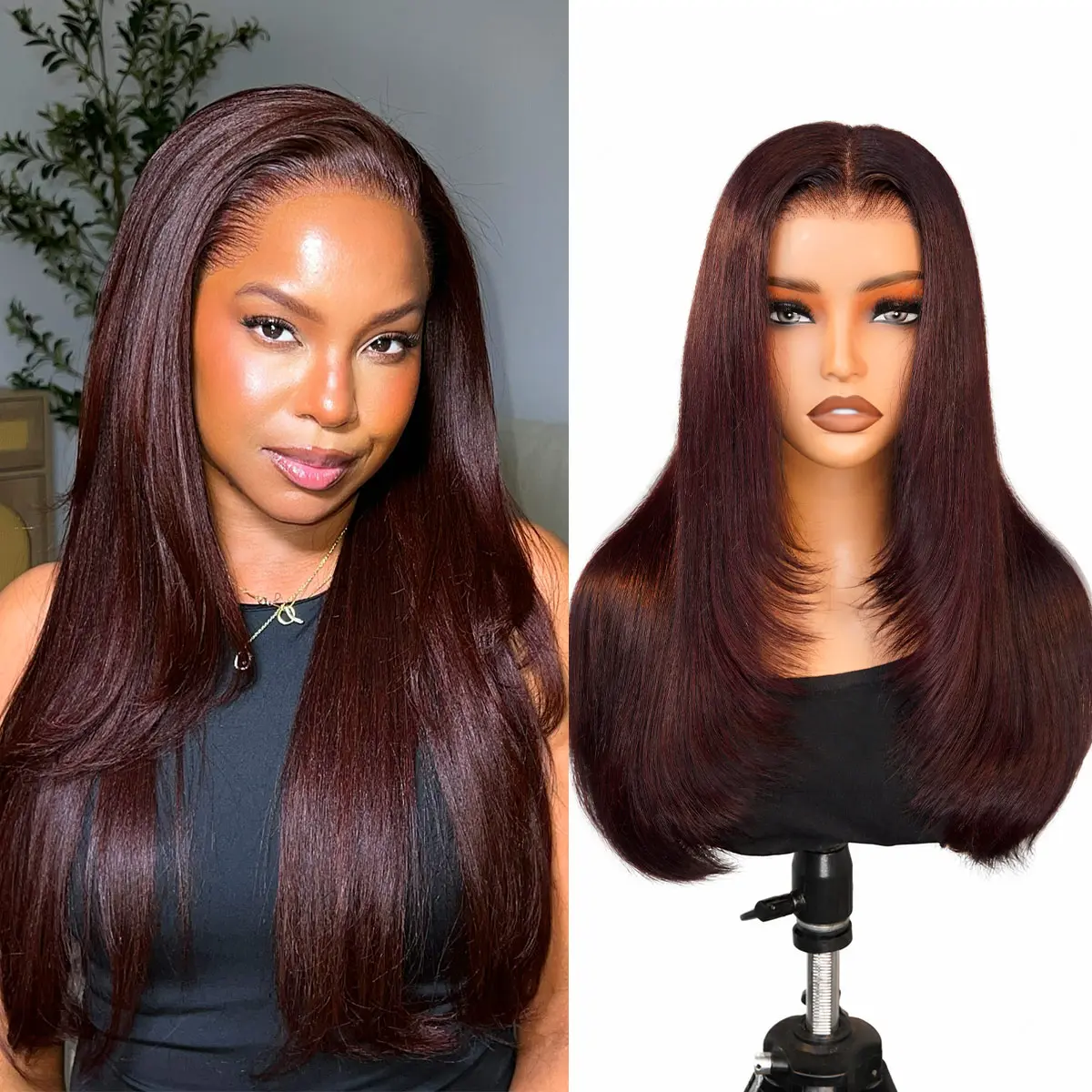 OQ HAIR Blackcurrant Brunette 7x5 Layered cut Straight Glueless Wig With Drawstring Human Hair Dark Burgundy Color Pre Bleached Tiny Knots Wear Go Wig Beginner Friendly