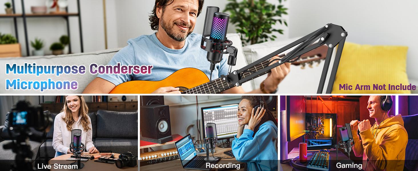 ZealSound USB RGB Microphone for iPhone iPad Phone PC,RGB Gaming Microphone with Full Metal,Mute,Pop Filter,Gain for Podcasting,Streaming,YouTube,Voice Over