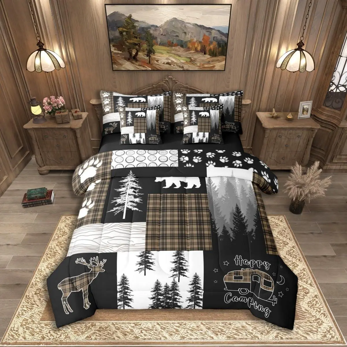 Feelyou 7Pc Rustic Cabin Lodge Bagged Bedding Set - Twin/Full Bear Deer Hunting Comforter with Sheets, Khaki Black Buffalo Plaid Patchwork Quilt, Farm-Themed & Western Farm Bedding Sets Collections for RV/Camping Bunk Decor, Bagged Bedding Sets Collection