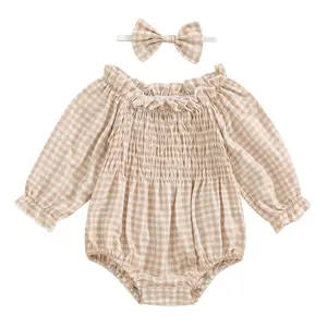 Infant Baby Girls Fall Winter Clothes Smocked Long Sleeve Bubble Romper Newborn 2Pcs Plaid Outfits with Headband