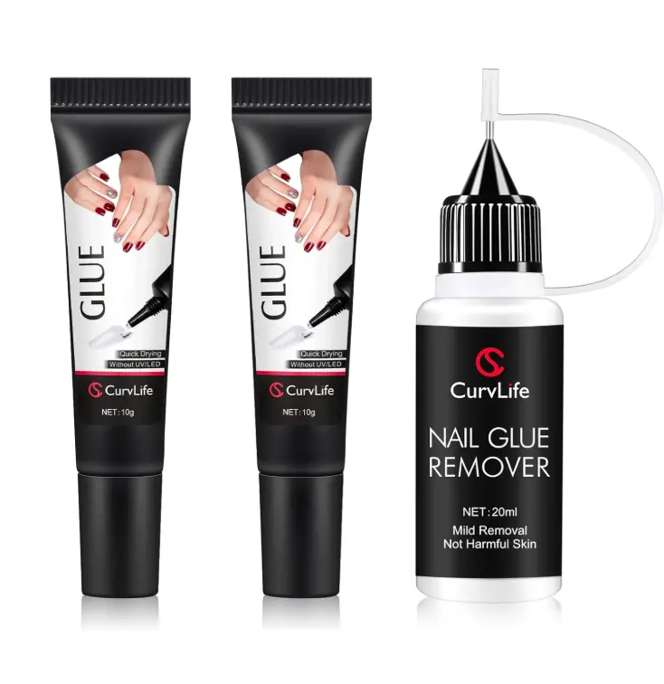 Curvlife 2pcs 10g Semi-Solid Glue Gel and 20ml Pinpoint Glue Remover Kit for Press on Nails, Valentine's Day Gifts Quick Dry No UV Lamp Needed with Gentle Non-Acetone Remover, Fake Nail Tips