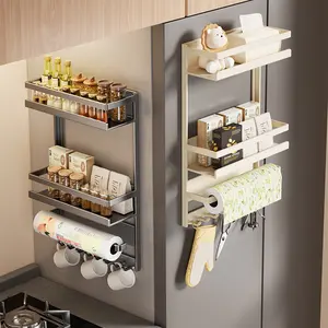 Magnetic Kitchen Metal Shelf, Carbon Steel Detachable 3-Layer Fridge Side Organizer, No Drilling Required, Holds Paper Towels & Spices (Optimizes Empty Fridge Side Space)
