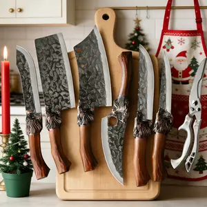 Professional Kitchen Chef Knives Set, Handmade Forged Stainless Steel 7-Piece Kitchenware, Ultra-Sharp Butcher Knives with Bone Scissors for Cooking & Fish Cutting, 7 Piece Set