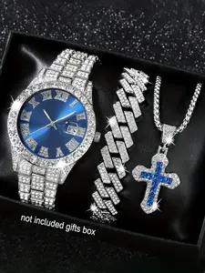 Men's Luxury Quartz Watch & Jewelry Set - Classic Male Fashion Watch, Hip Hop Rhinestone-Encrusted Wrist Watch with Matching Bracelet and Necklace, , Alloy Case & Strap, Electronic Drive, Non-rechargeable Button Battery Watch Set, Fashionable Jewelry Set