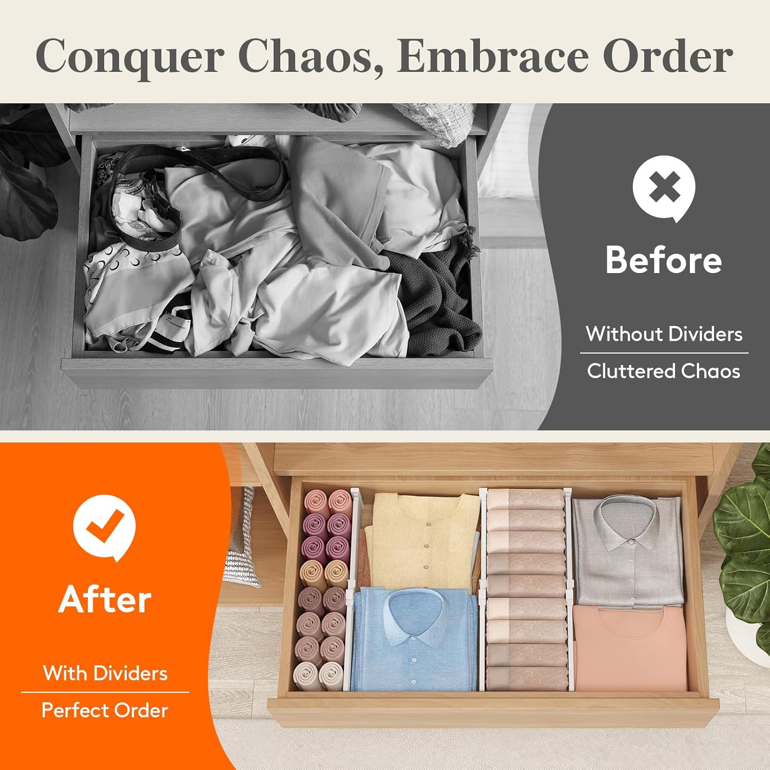 Drawer Dividers for Clothes, 3.2" High 10.5"-16.5" Expandable Dresser Drawer Organizers, Adjustable White Plastic Separators for Kitchen, Cabinet, Nursery, Socks & Underwear Storage, 4 Pack