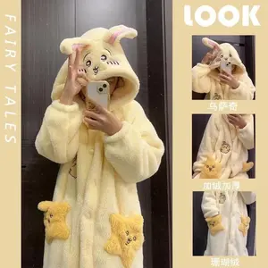 Cute Chiikawa Usagi Women Plush Pajamas Set Autumn Winter Chiikawa Thickened Nightgown Cartoon Warm Flannel Girls Home Clothing