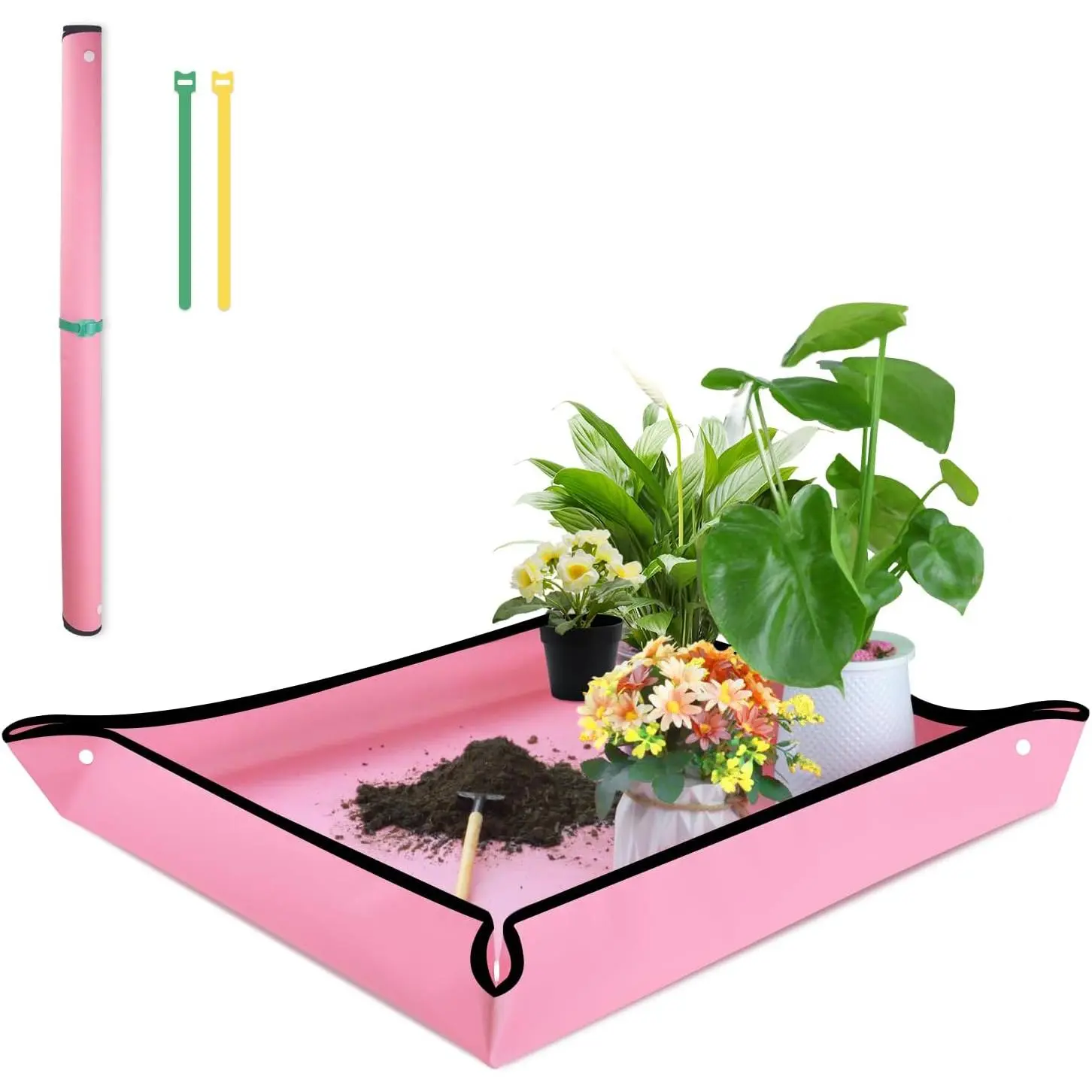 Oxford Fabric Foldable Waterproof Square Repotting Mat (29.5"x29.5" Pink) with 2 Fixed Straps, Indoor Mess Control Transplanting Tray, Easy-to-Clean Portable Garden Accessory for Plant Lovers, Ideal for Repotting-Fertilizing-Cleaning Crafts