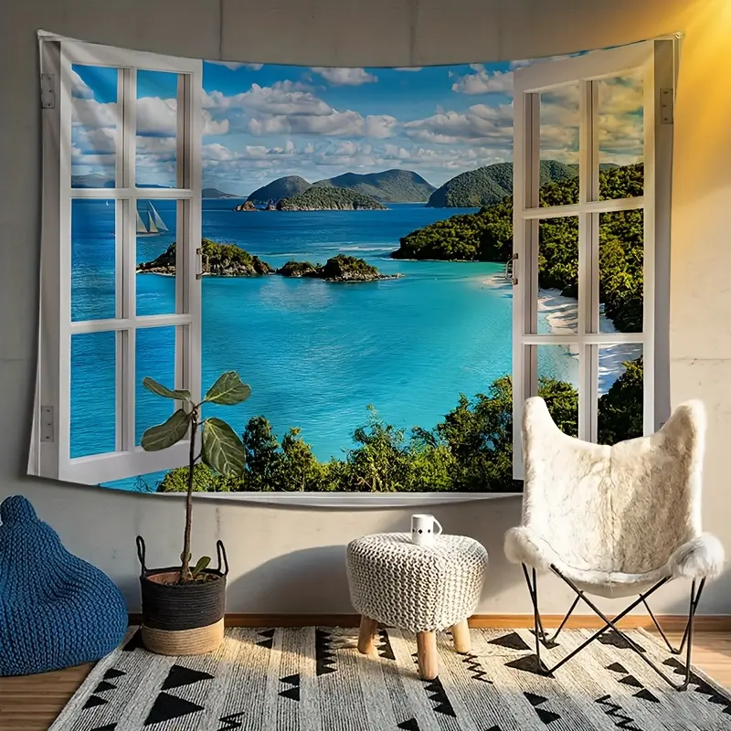 Coastal Synthetic Cartoon Character Checked-Plaid Tapestry - Emerald Blue Palm Tree & Ocean Water Indoor Wall Decor, Lightweight Polyester Fabric for Bedroom, Living Room Scenery Artwork