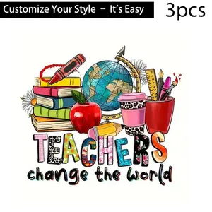 3pcs "Teachers Change the World" Heat Transfer Stickers, High-Definition Durable Plastic DIY Iron-On Patches for T-Shirts, Pillows, Backpacks, Pants, Sofa Covers - Waterproof, Fade-Resistant