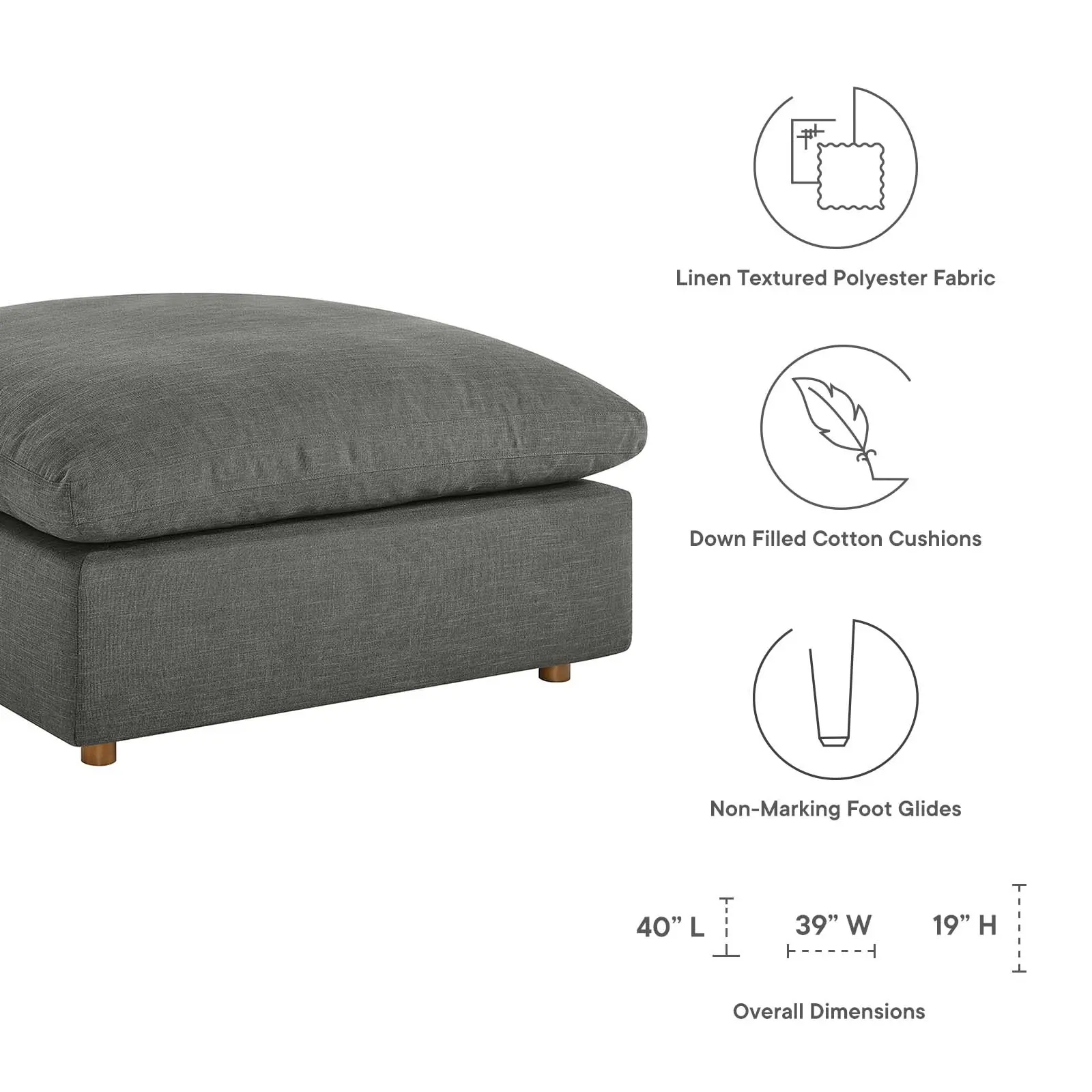 Modway Commix Down Filled Overstuffed Ottoman in Gray, Foot Rest Stools, Soft Cushioned Stool