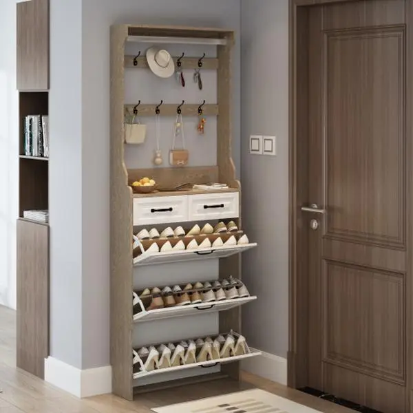 All-In-1 Organizer Shoe Storage - Freestanding Adjustable Hangable Multi-Level Rectangle Rack, Adjustable Shelf, 3 Flip Drawers, 2 Rows of 8 Hooks for Clothes/Bags, Above 25 kg Capacity, Space-Saving Hat Holder Hanger, Assembly Required
