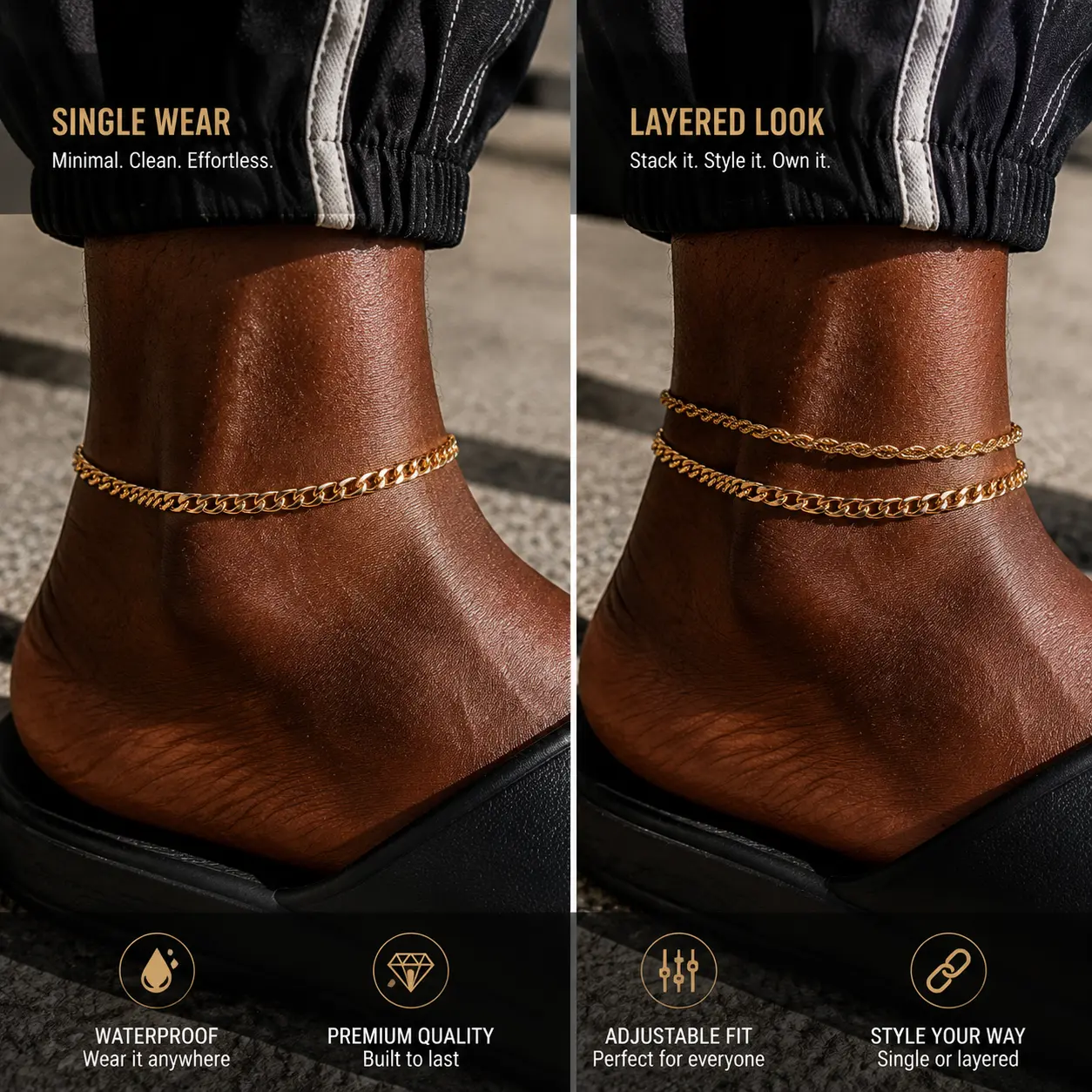 Men's Gold Cuban Link Anklet - Adjustable Waterproof Hip Hop Streetwear Costume Jewelry for Everyday Style anklets for women ankle bracelet