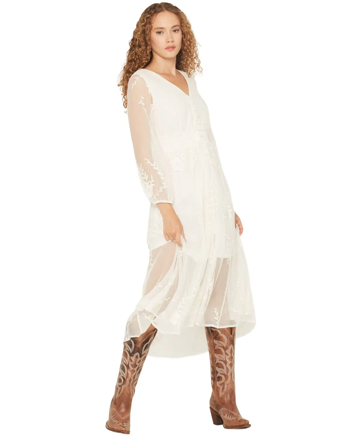 Shyanne Women's Women'S Hillside Button Front Embroidered Mesh Midi Dress - Swho25d4-Iv