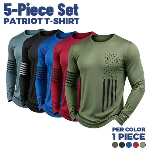 Men's 5-Pack Fitted Polyester Athletic Long Sleeve Shirts - Quick Dry Outdoor Fitness Base Layers with Mesh, American Vertical Flag Design for 4th of July, Patriot Gift, Sporty Chic Tops, Polyester Clothing
