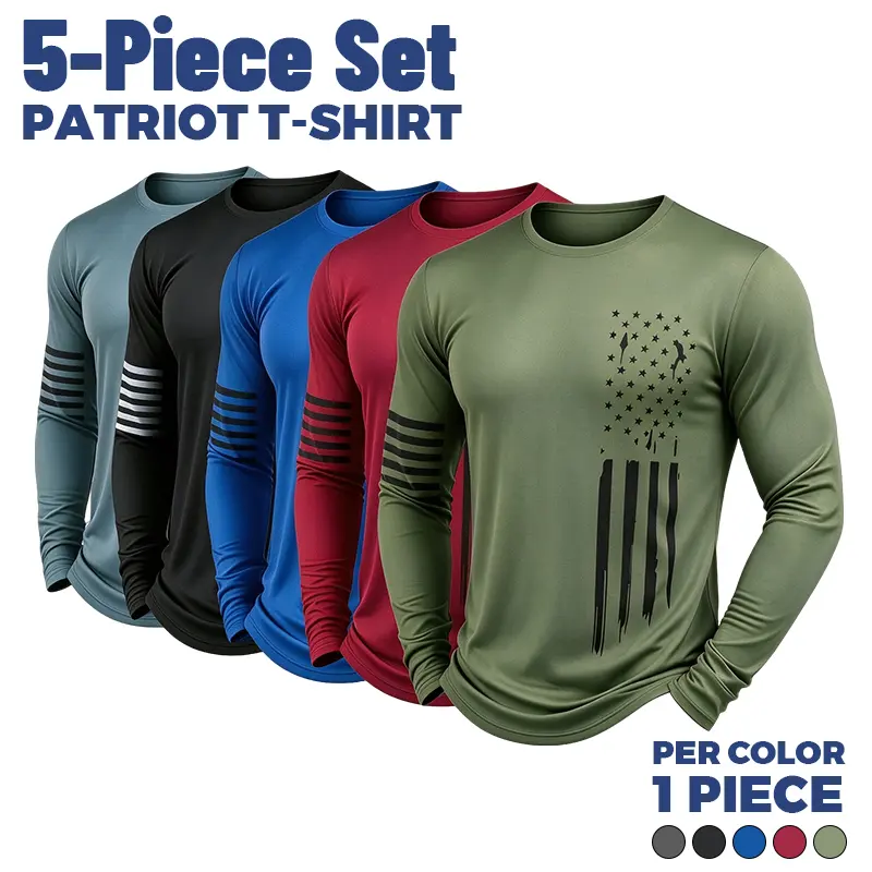 Men's 5-Pack Fitted Polyester Athletic Long Sleeve Shirts - Quick Dry Outdoor Fitness Base Layers with Mesh, American Vertical Flag Design for 4th of July, Patriot Gift, Sporty Chic Tops, Polyester Clothing