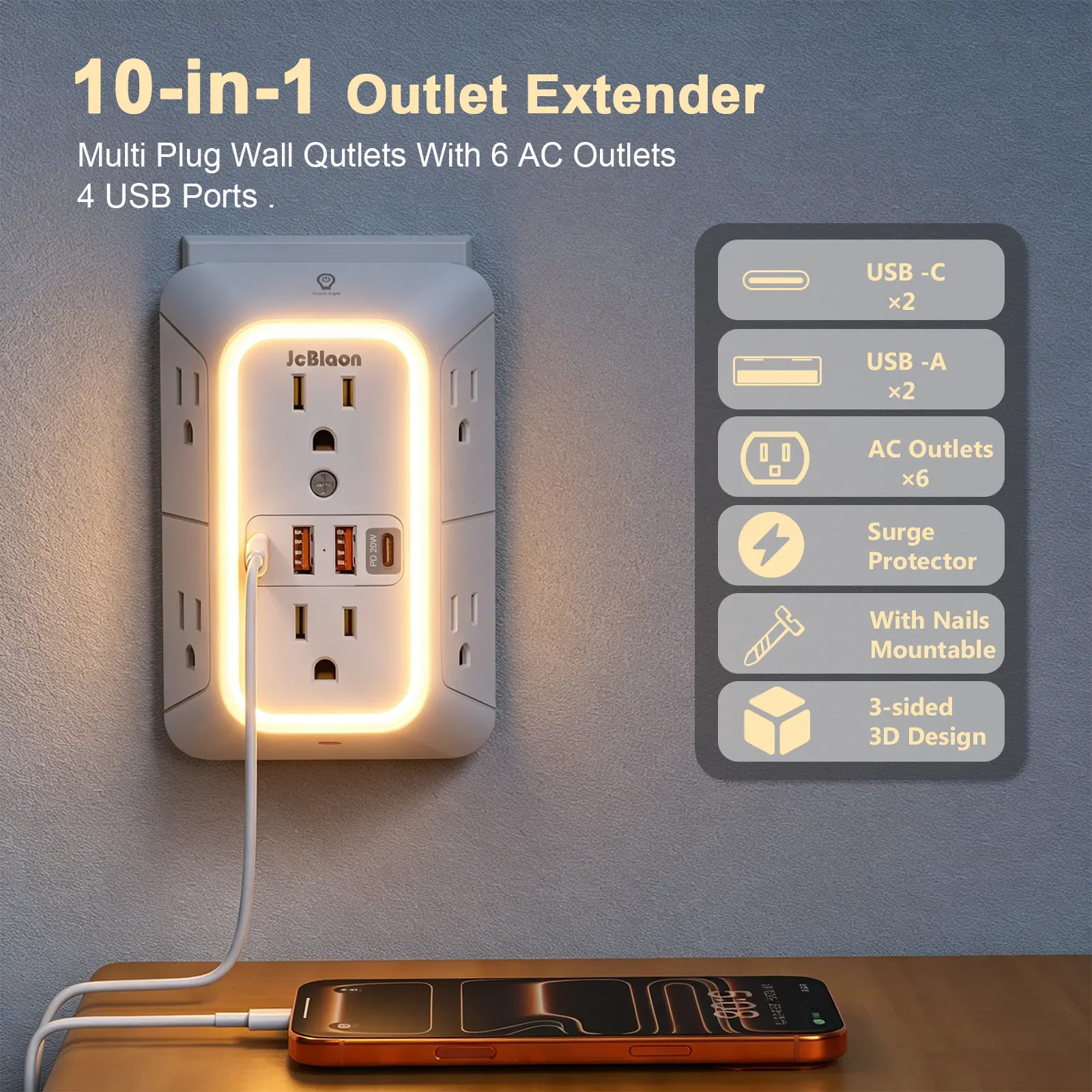 10-in-1 Surge Protect Outlet Extender, New Upgrade Wall Plug Adapter with 6 AC Outlets, 4 USB Ports, 20W PD Fast Charging & Night Light, 3-Sided Multi-Plug Splitter for Home & Dorm