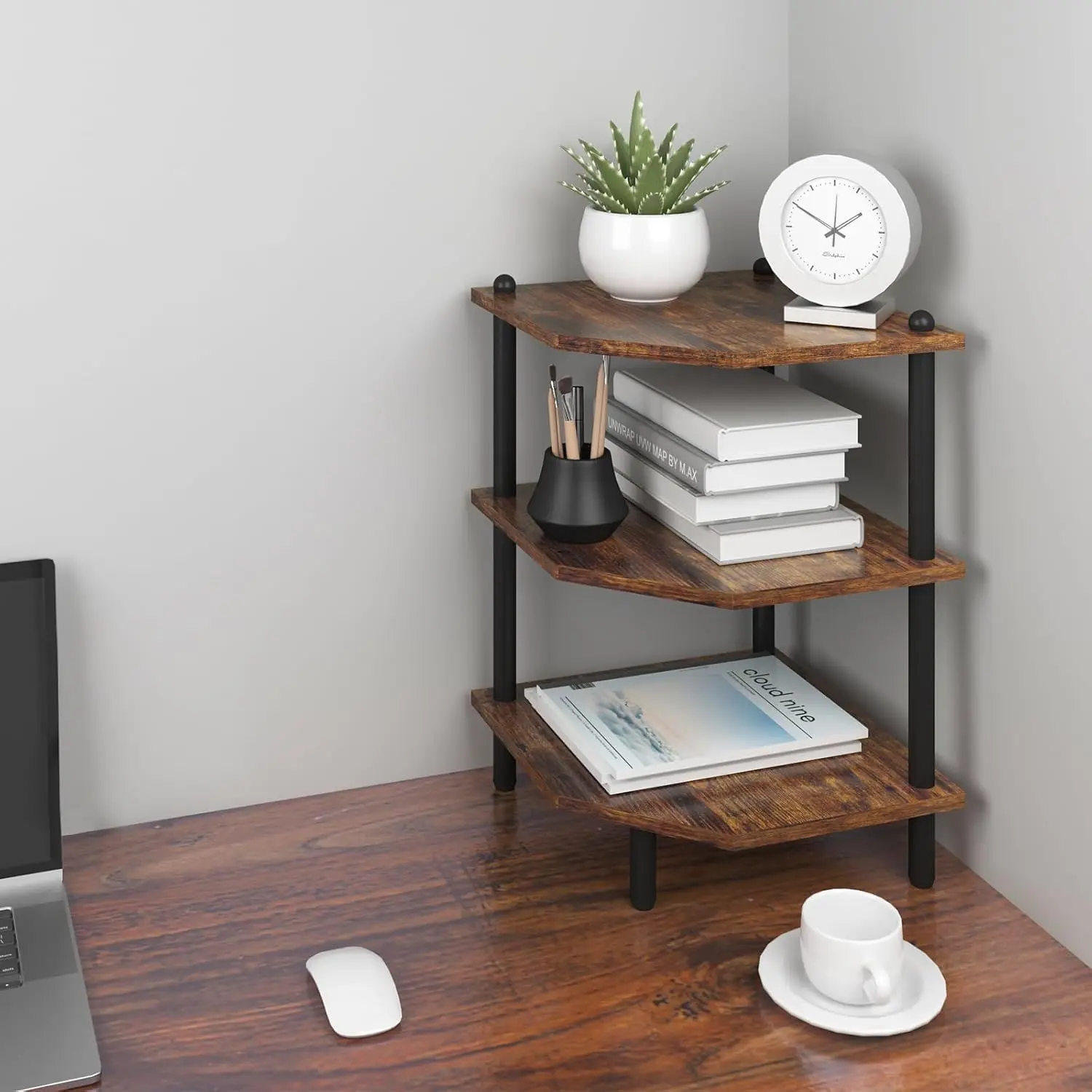 Rustic Brown 3-Tier Adjustable Metal Desktop Corner Shelf Organizer - Synthetic Engineered Wood Vanity Space Saver for Bedroom, Office Small Spaces Home Decor