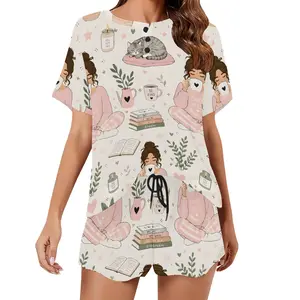 Viral TikTok Cozy Girl Cream Pink Lounge Pajamas Set with Book & Coffee Print – Short Sleeve Sleepwear for Ultimate Comfort