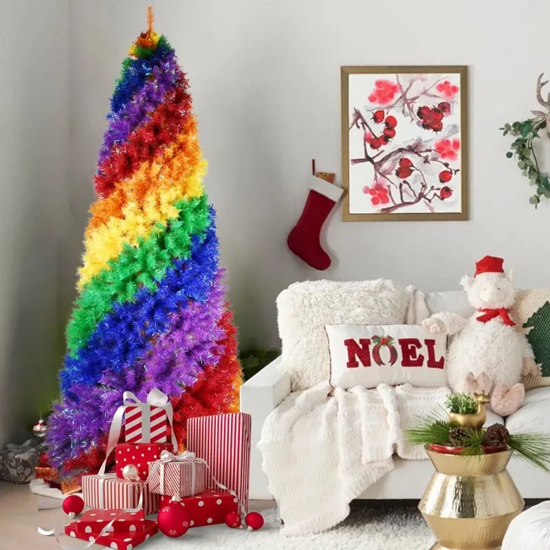 6FT 7.5FT Artificial Colorful Rainbow Christmas Tree Hinged Xmas Tree With PVC Branch Tips for Festive Holiday Decor
