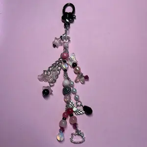 black and pink cute cat character gem beaded keychain
