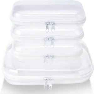 4 pcs Clear Zipper Pouches,Hard Shell Zipper Case, Toiletry Bag for Travel, CLear Diaper Bag, Toiletry Pouch, Travel Organizer, Cosmetic Bag,Toy Storage Bins (M+3S)
