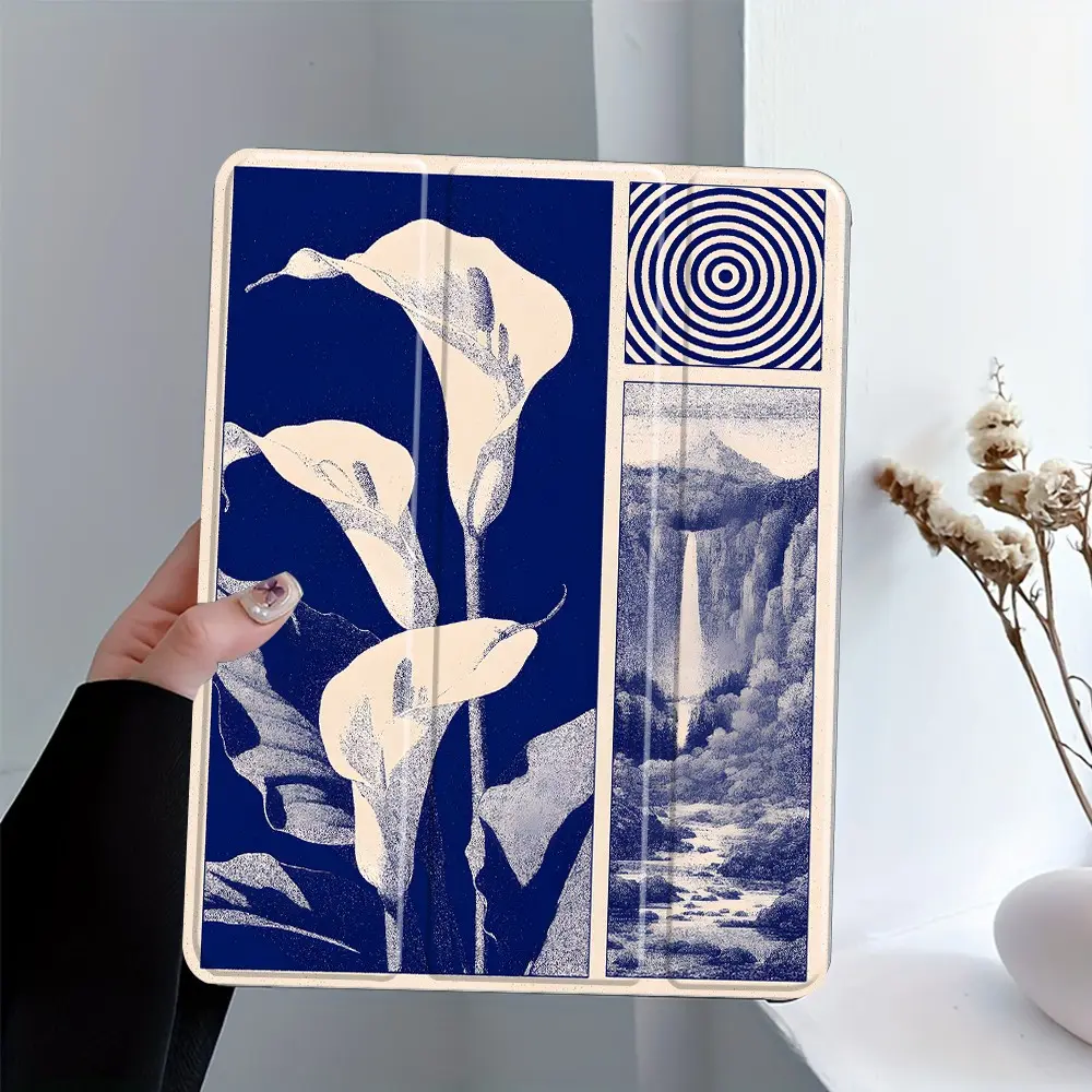 Vintage Blue Aesthetic iPad Case Casing, Retro Floral Calla Lily Landscape Protective Cover for iPad Pro Air 11 13 10.9 10.2, Shockproof Smart Folio Auto Wake/Sleep, Artistic Tablet Shell Gift for Her