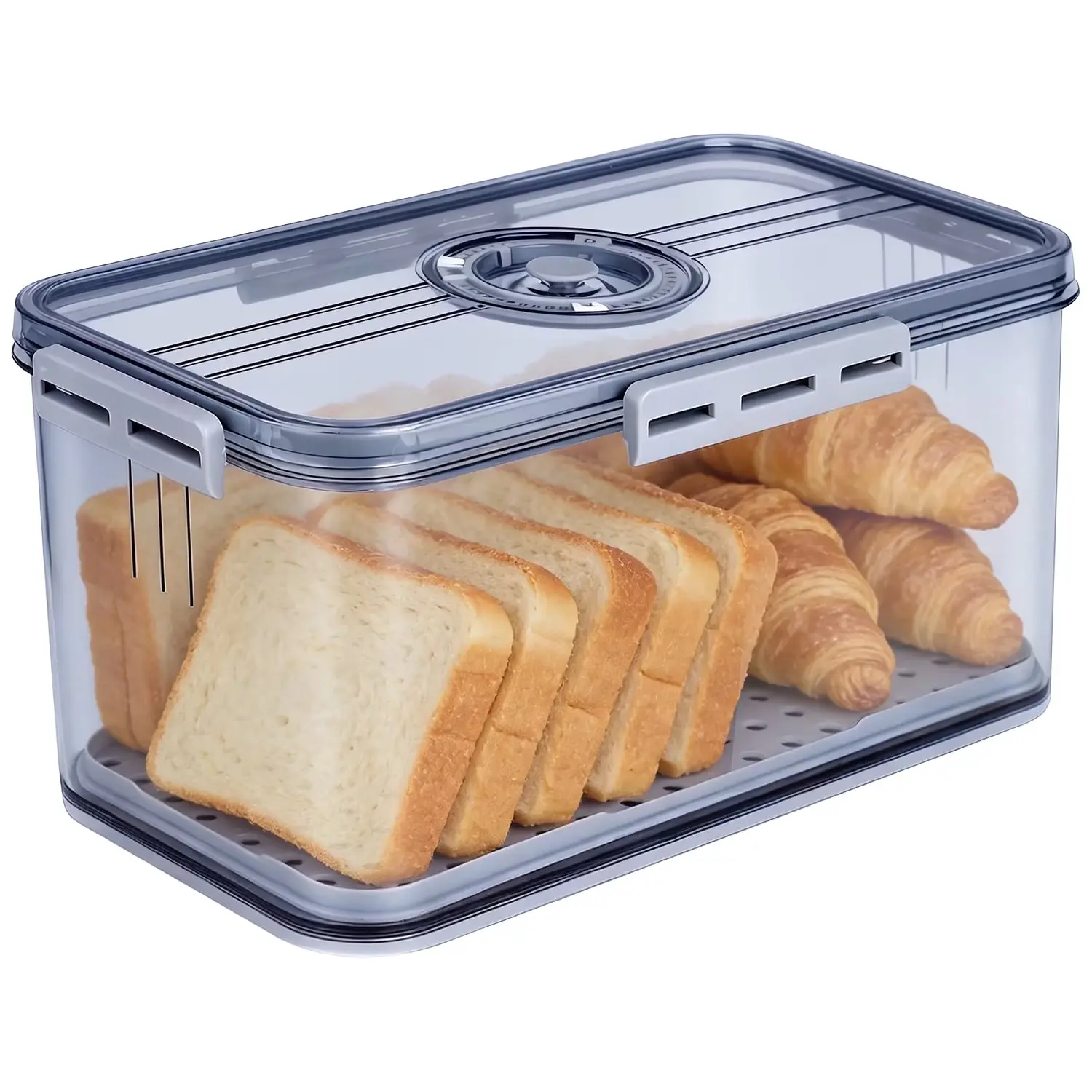 Airtight Bread Box for Kitchen Counter, Large Capacity Food-Safe Storage Container, Clear Plastic Sealed Bin with Lid & Date Tracker, Reusable Organizer for Homemade Bread, Toast, Bagels, Donuts & Cookies, Grey