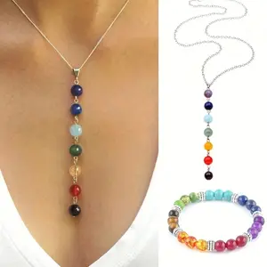 September Laurel  7 Chakra Gemstone Beads Necklace & Bracelet Set Vibrant Yoga Balancing Jewelry Set Women Solid Form, Fragrance-Free, Yoga Natural Stone Necklace Bracelet Accessories