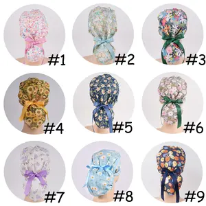 Floral Ponytail Scrub Cap for Long Hair, Pretty Flower Surgical Hat with Buttons, Cute Surgery Caps,Handmade Cotton Women’s OR Hats Haircare Heatless