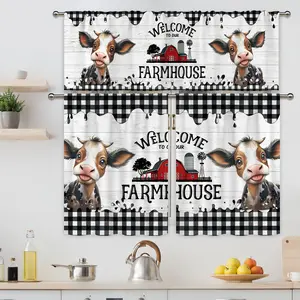 SoftHaven Home Made in USA 2/3 Piece Rustic Kitchen Curtain Set, Black White Plaid Cowboy Print with Cute Cow Western Art Design, Polyester Fabric, Ideal Home Decor for Living Room & Bedroom