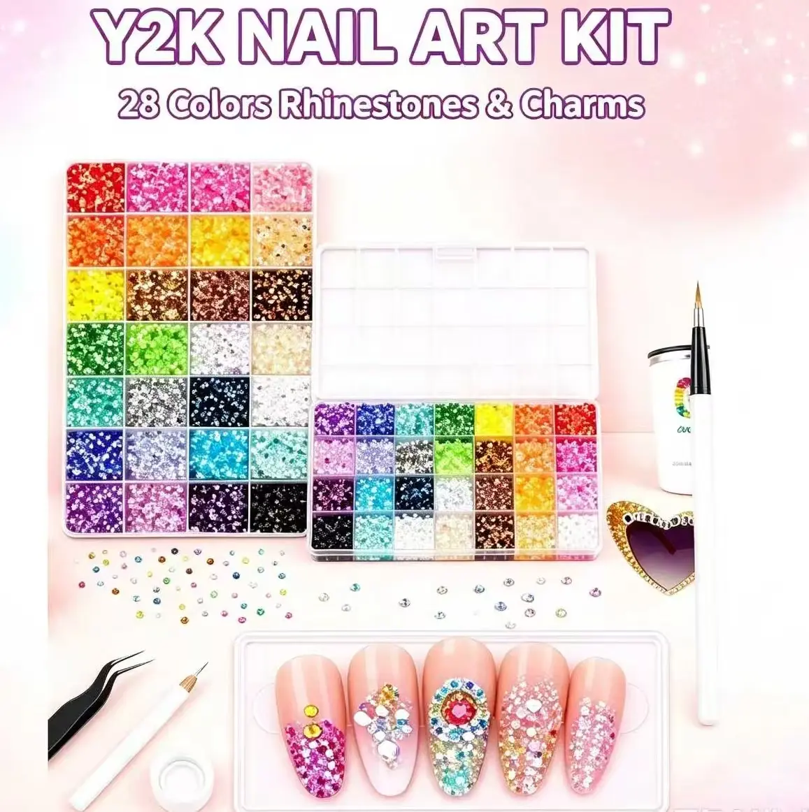 28-Grids Flat-Bottom Gemstone Resin Jelly & Rainbow Stone Multi-Pack - 26,000 Diamonds, DIY Nail Art Rhinestone Tool Kit with Tweezers, Magnetic Pen, Complimentary Products for Craft Book Enthusiasts, Precise Nail Decorations
